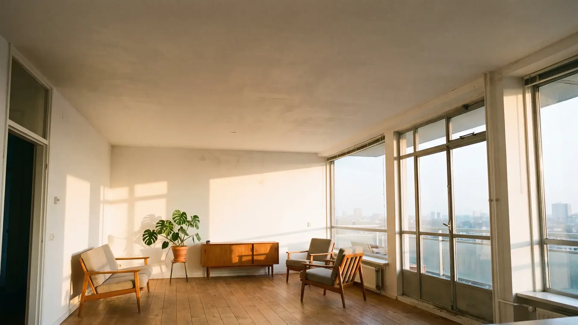 Lichte woonkamer van een bovenste appartement met een strak afgewerkt wit plafond