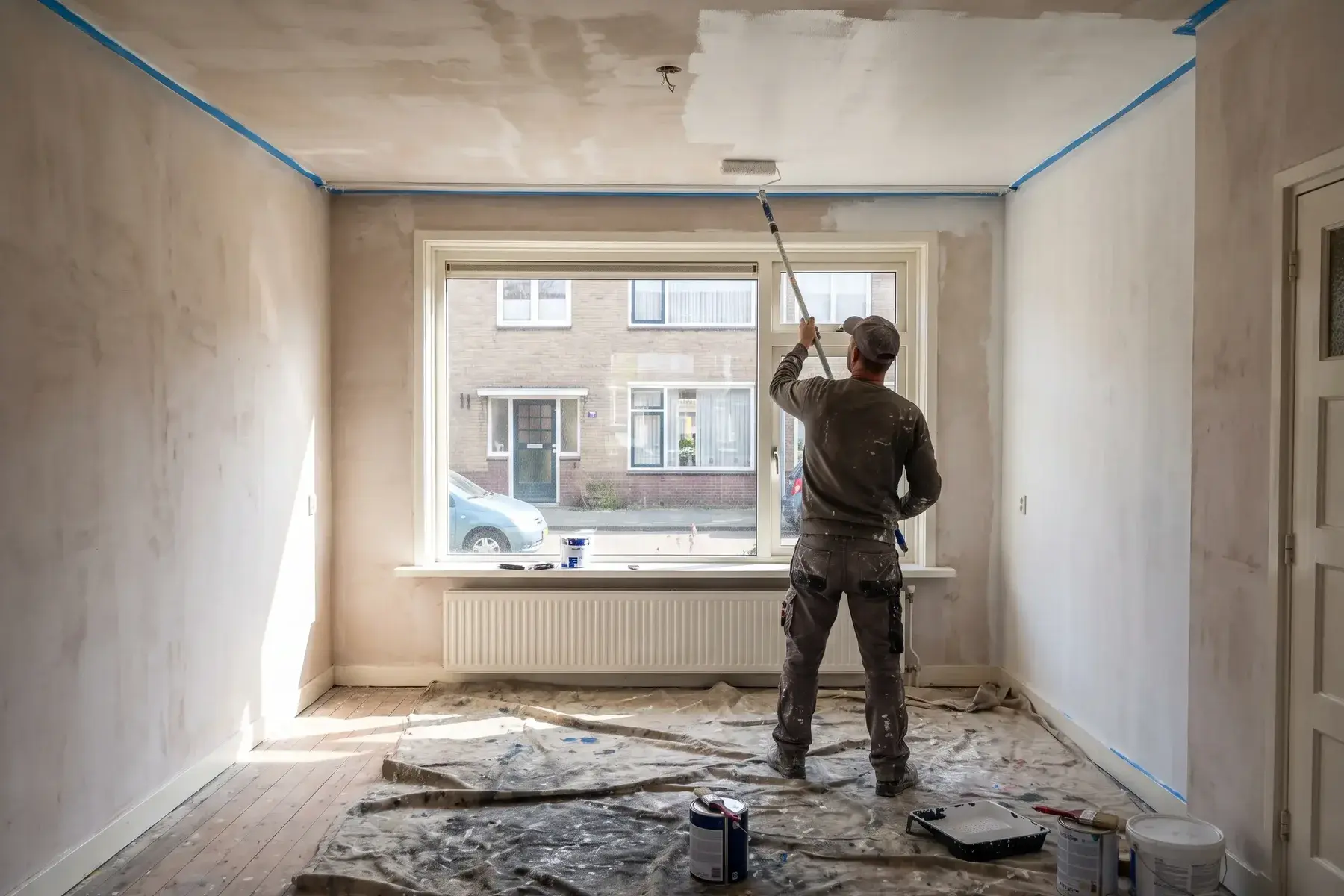 Schilder rolt het nieuwe plafond wit na het isoleren